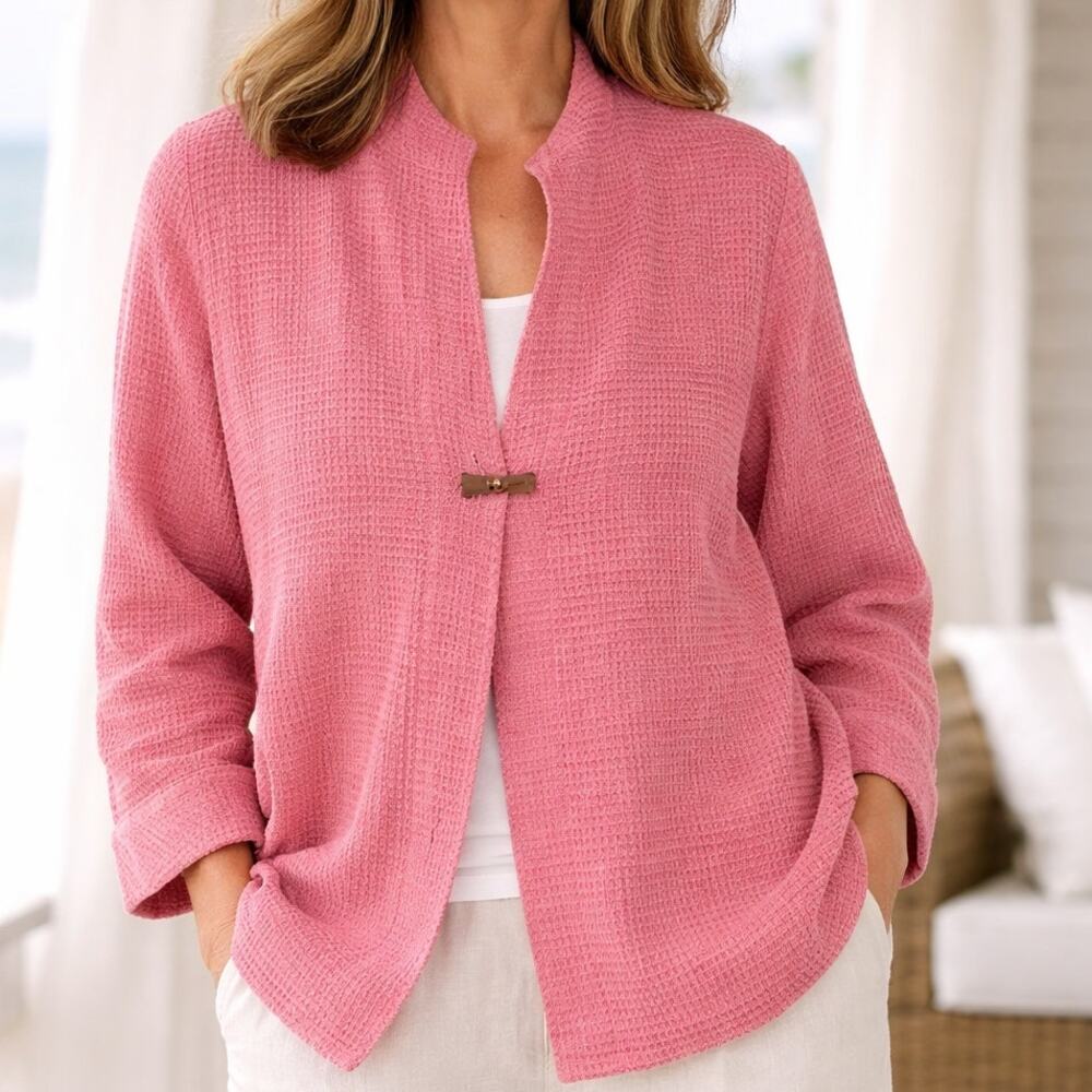 Focus Waffle knit Cardigan Jacket Size Large Pink Big Button Artsy Lagenlook